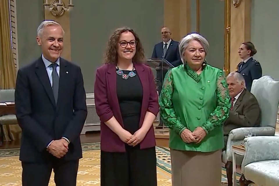 From left: Mark Carney, Rebecca Alty and Governor General Mary Simon at Tuesday's swearing-in of cabinet. Image: CPAC